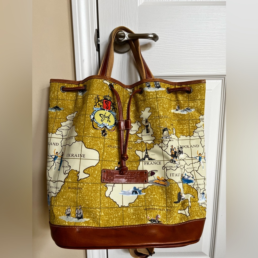 Leather, Sling Drawstring Tote Bag. Map Print. Travel by Sharif, Original 1827.